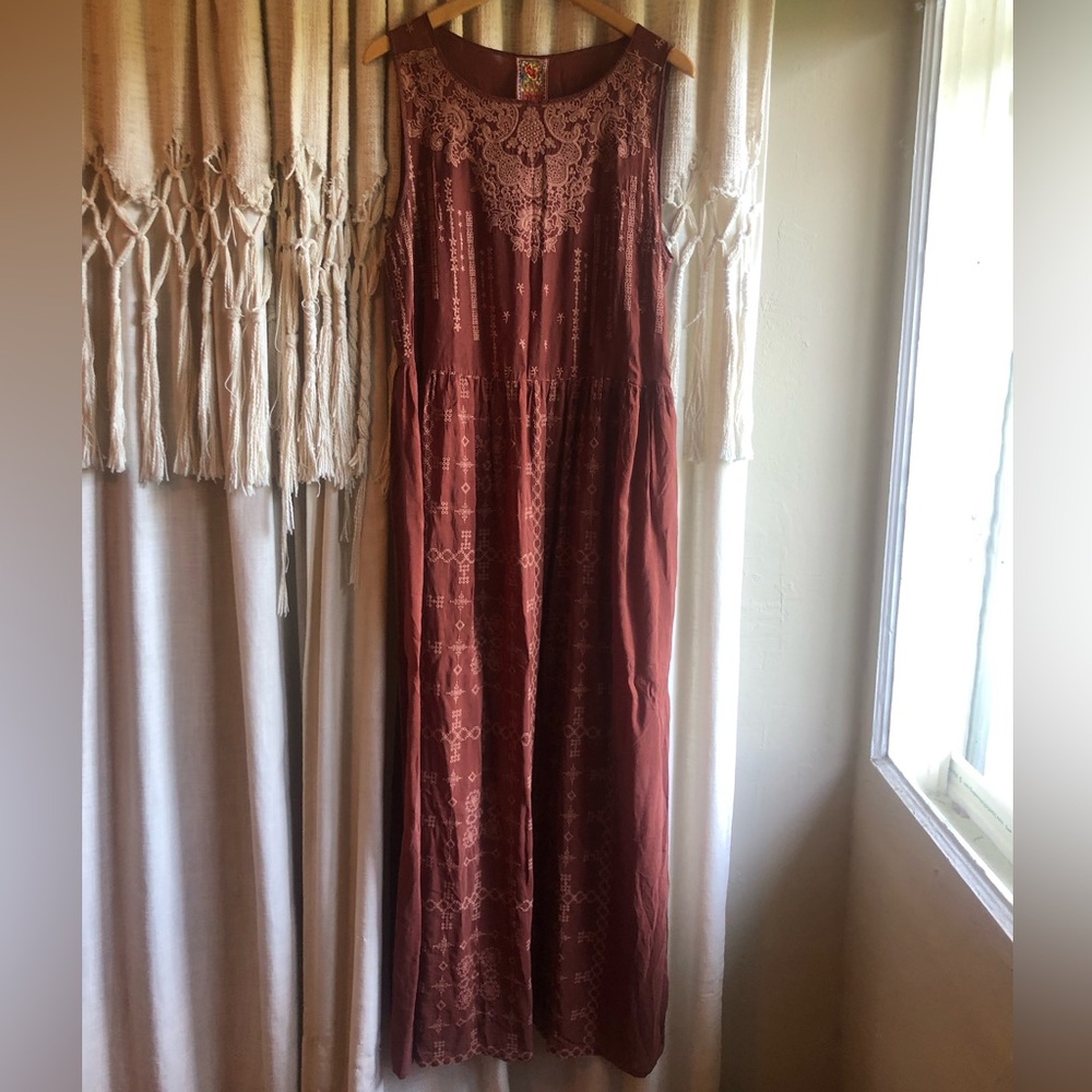 Johnny Was long brown embroidered dress, size L